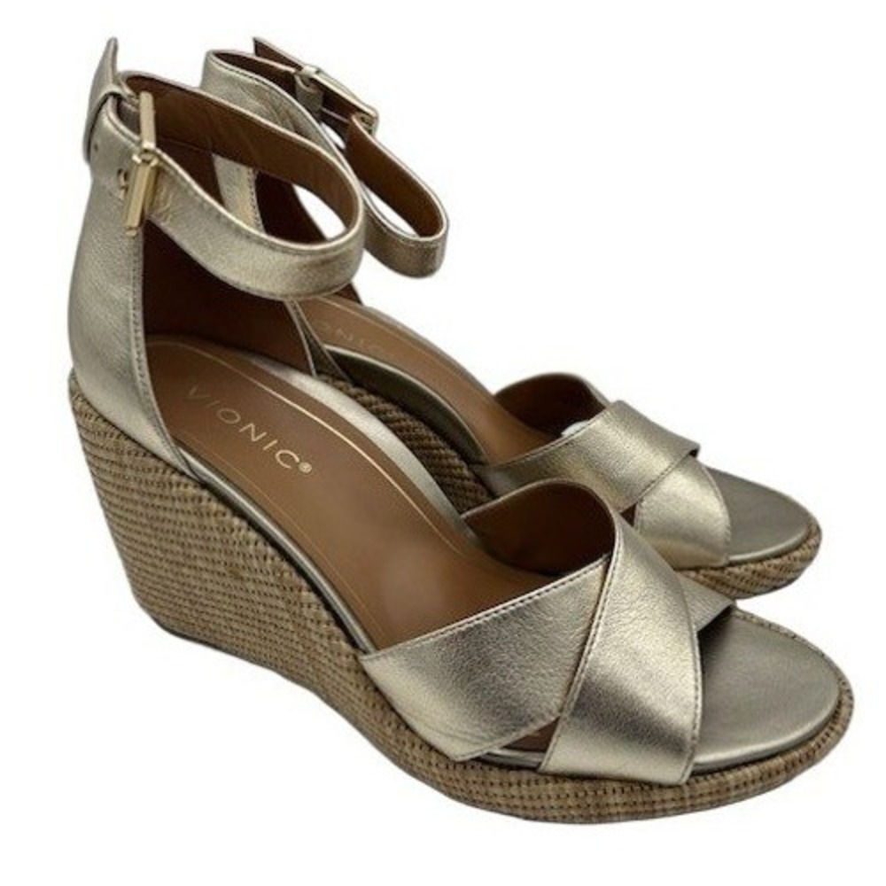 Vionic Marina Wedge Sandals Women's Size 9 Gold Metallic Leather AnkleEspadrille